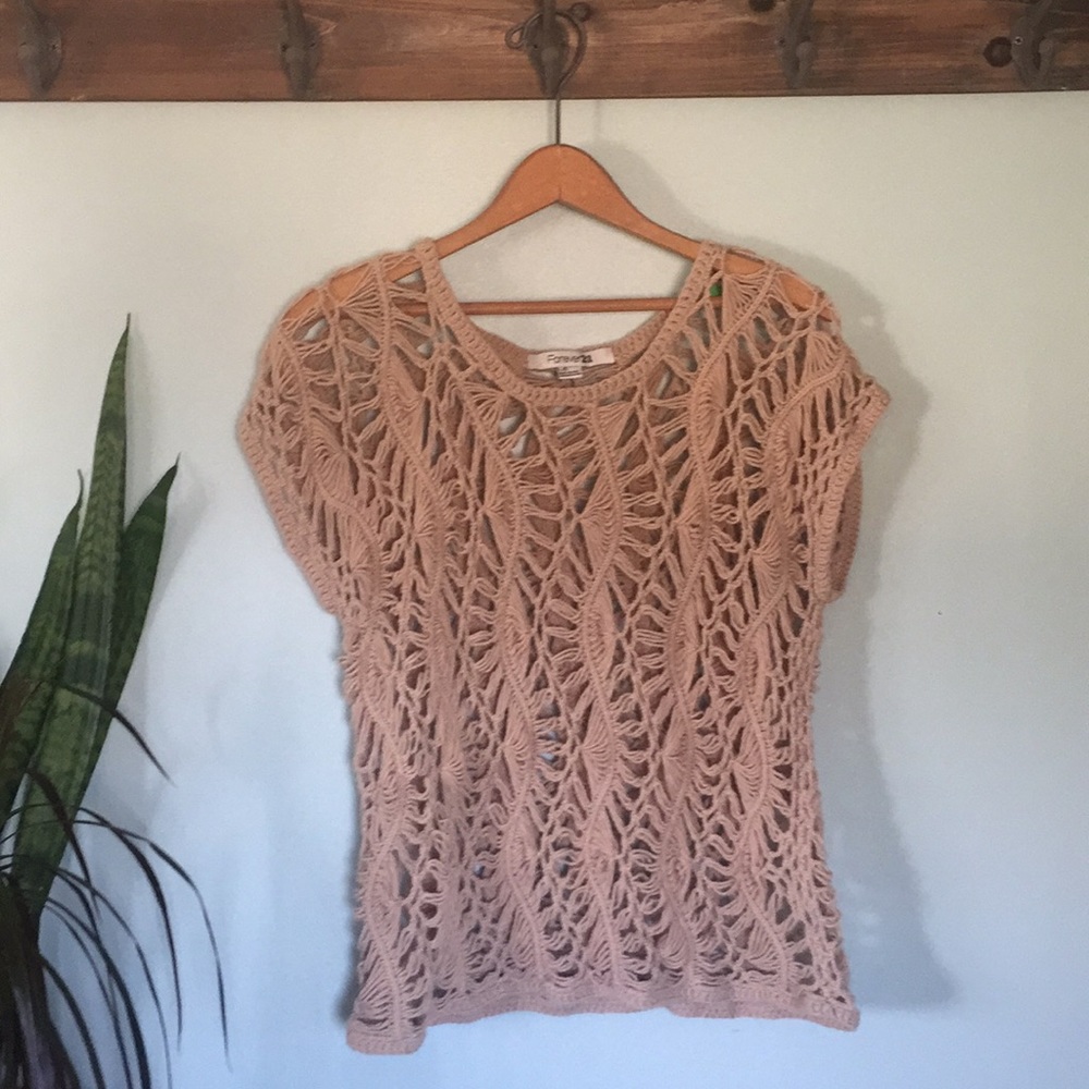 Forever 21 open knit tan short sleeve see-through summer top